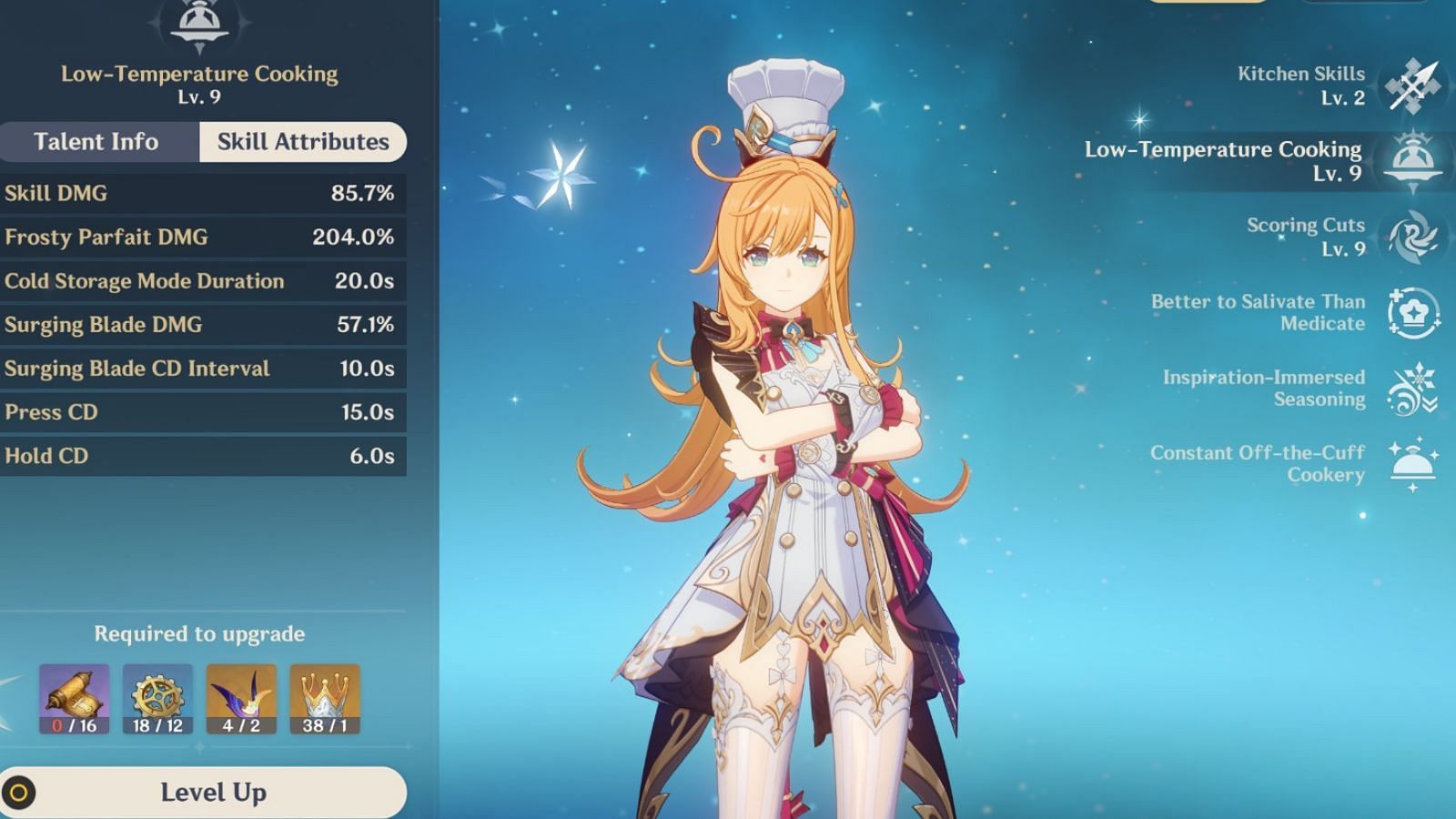 Escoffier's Elemental Skill multipliers at talent level 9 (Image via HoYoverse)